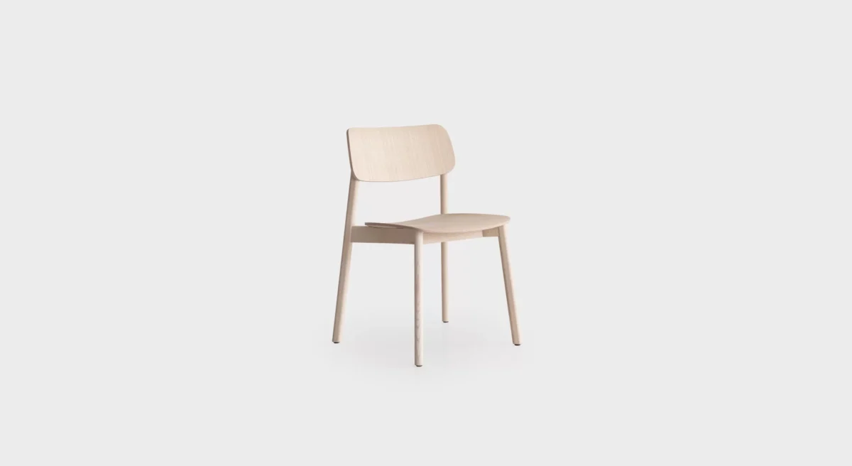 Lapalma Oiva S370 stackable chair with solid ash frame and curved plywood seat and backrest, designed by Antti Kotilainen.