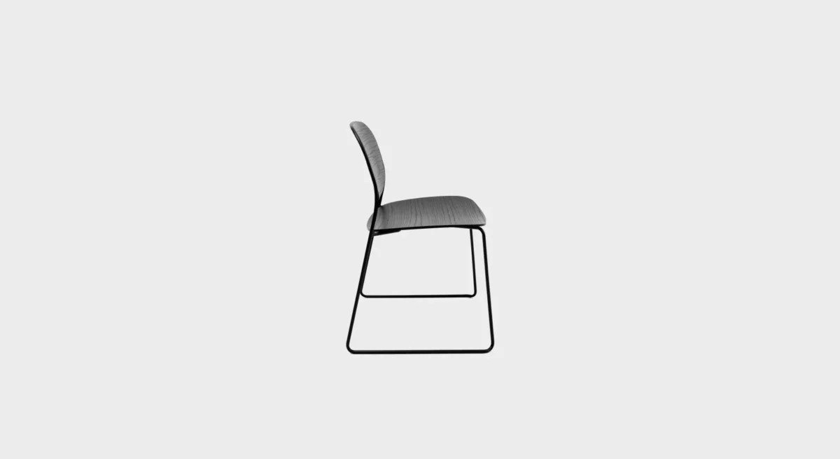 Lapalma OLO S170 stackable chair with sled base in matte chrome or powder-coated steel, featuring a curved plywood seat and backrest in various finishes.