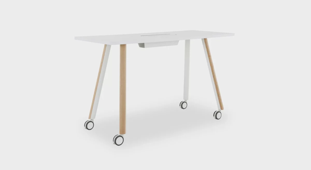 Lapalma ORI Rectangle High table with white laminate top, white powder-coated metal frame, and solid ash wood legs, designed by Romano Marcato.