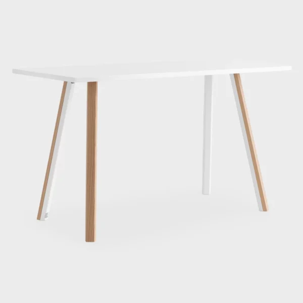 Lapalma ORI Rectangle High table with white laminate top, white powder-coated metal frame, and solid ash wood legs, designed by Romano Marcato.