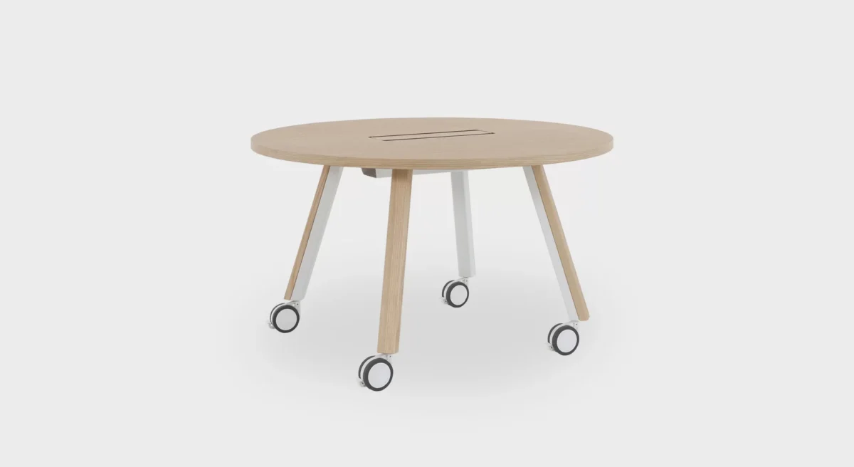 Lapalma RONDÒ 130 H73 table with rounded-corner square plywood top, available in various finishes, supported by a central base with a stainless steel cover and matte chromed or powder-coated column.