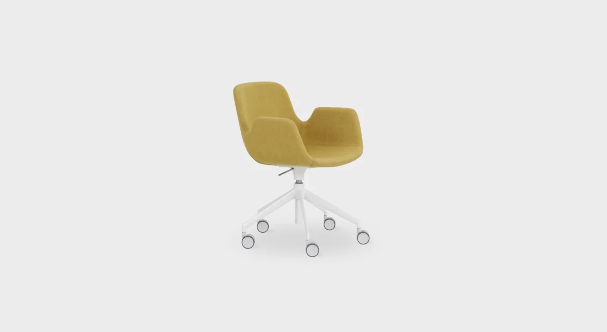 Lapalma Pass S136 height-adjustable lounge chair with 5-star swivel base, castors, and upholstered shell, designed by Hee Welling.