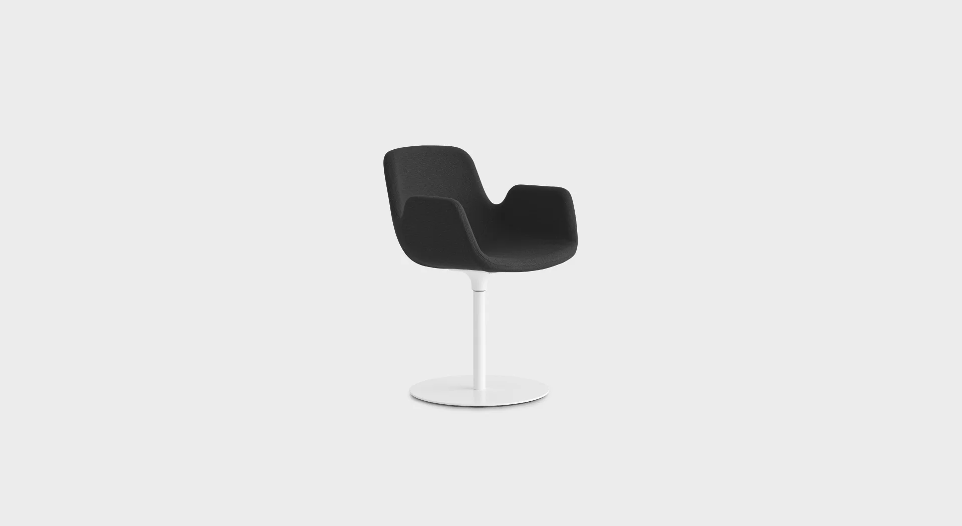 PASS S121 swivel lounge chair by Lapalma, designed by Hee Welling, featuring a round metal base with stainless steel or powder-coated finish and an upholstered shell in fire-retardant molded foam, covered in fabric, eco-leather, or leather.