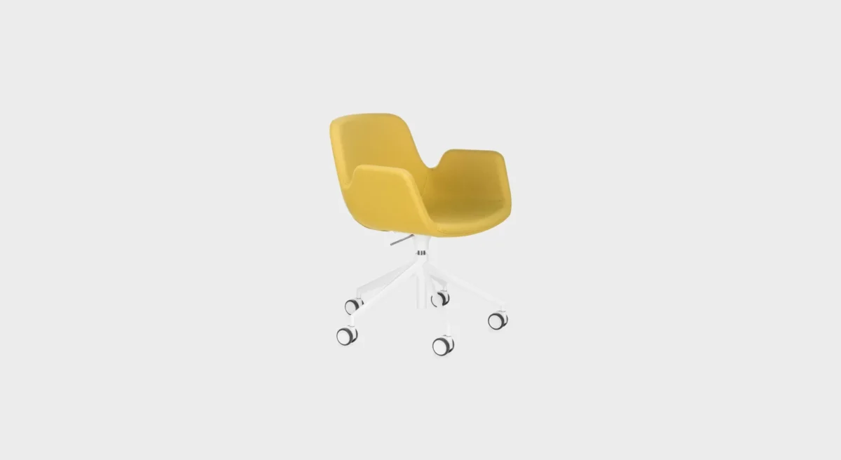 Lapalma Pass S136 height-adjustable lounge chair with 5-star swivel base, castors, and upholstered shell, designed by Hee Welling.