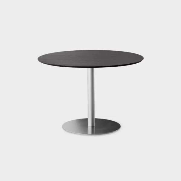 “Lapalma RONDÒ 120 H73 table with Ø120 cm white laminate top and stainless steel base, positioned in a modern dining room setting.”