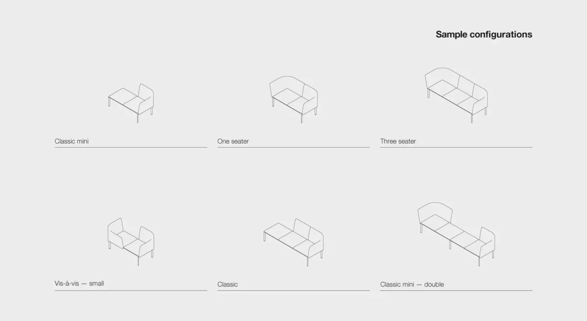 Lapalma PLUS V-Shape modular seating with curved elements and removable fabric covers, designed for flexible configurations in modern interiors.