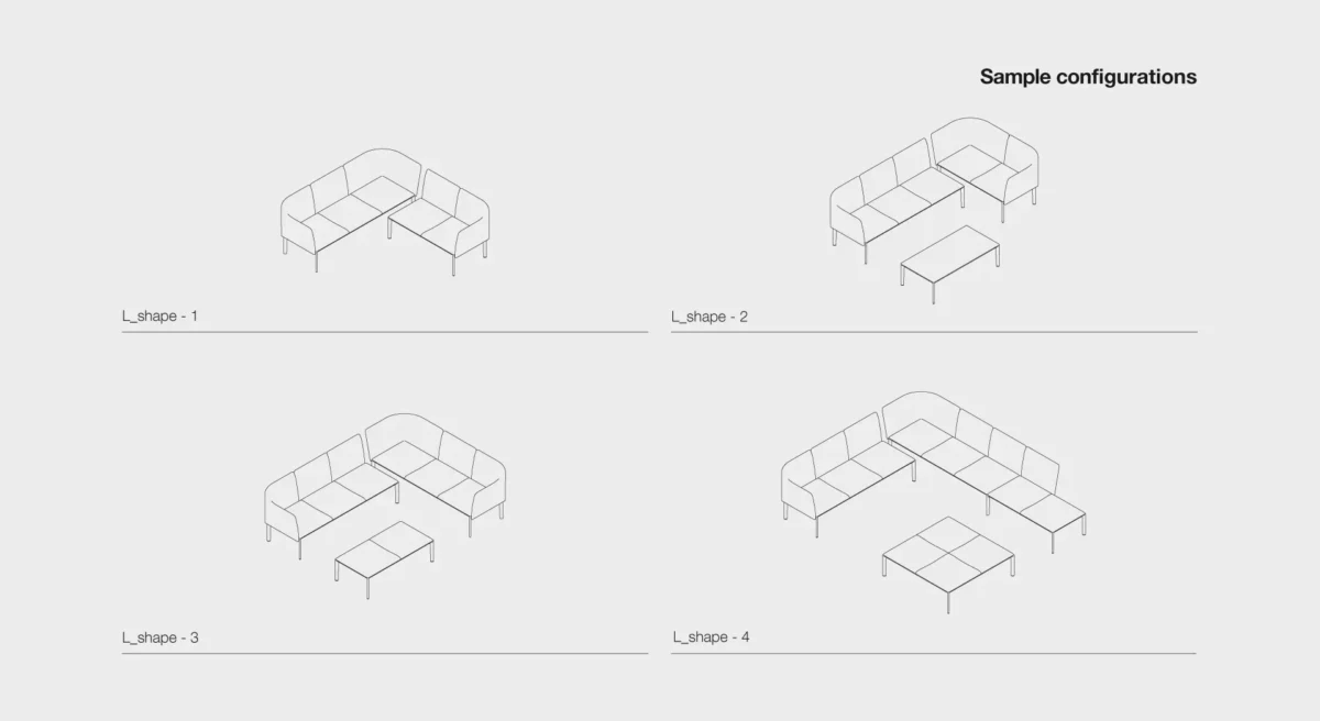 Lapalma PLUS V-Shape modular seating with curved elements and removable fabric covers, designed for flexible configurations in modern interiors.