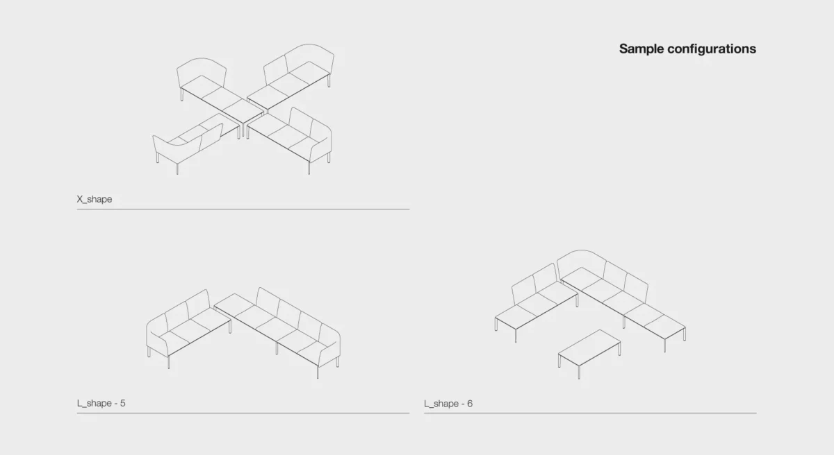 Lapalma PLUS V-Shape modular seating with curved elements and removable fabric covers, designed for flexible configurations in modern interiors.