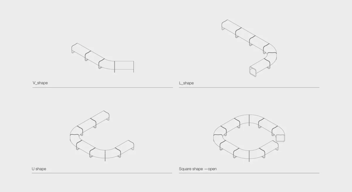 Lapalma Za System UVL_shape modular seating with V-shaped wooden elements and powder-coated die-cast aluminum frames, designed by Shin & Tomoko Azumi.