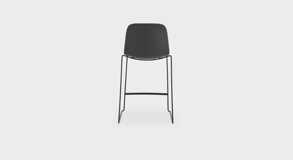 Slim-profile ES320 stool featuring a curved seat in muted red and slim orange metal frame in garden setting