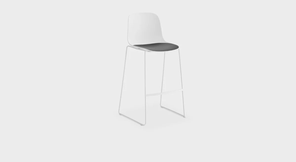 High-end ES321 outdoor bar stool with minimalist structure in matte black finish, set on a wooden deck.
