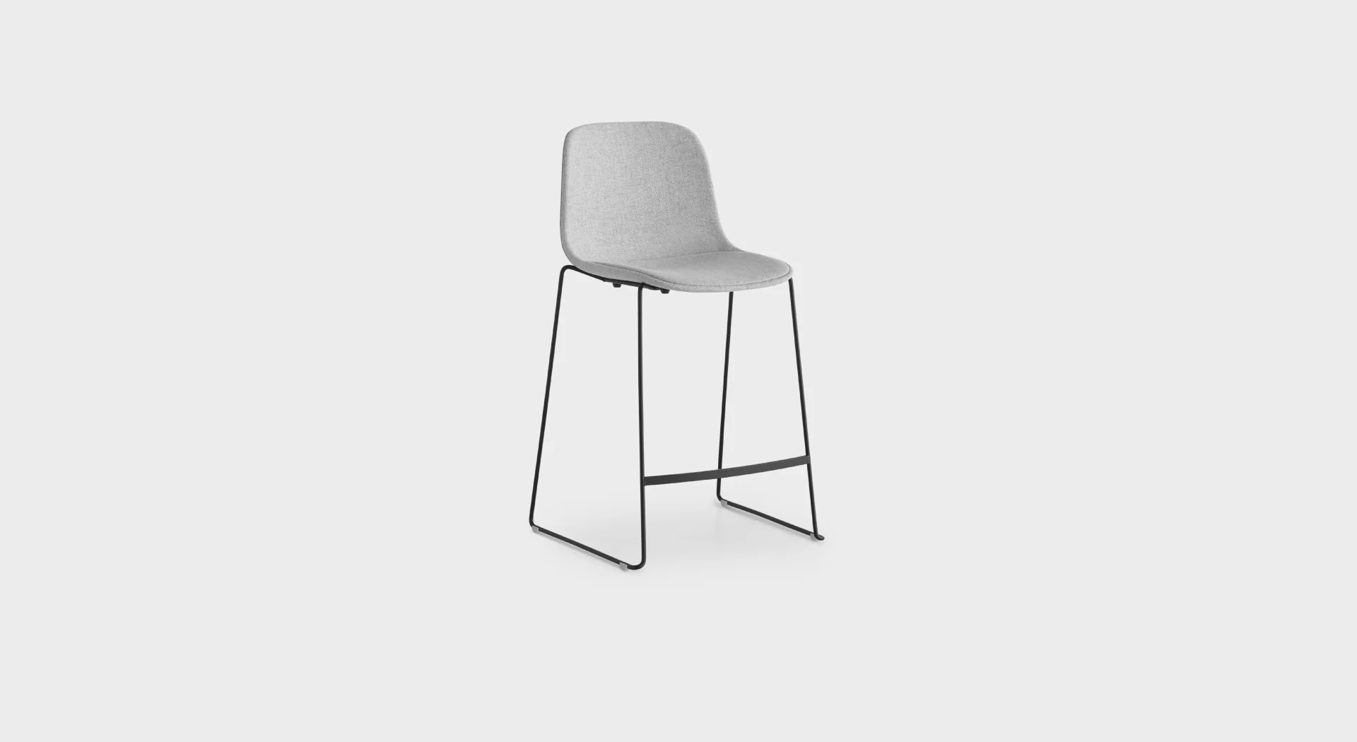 Lapalma Seela S320 H65 counter stool with polypropylene shell, upholstered seat pad, and black powder-coated sled base, designed by Antti Kotilainen.