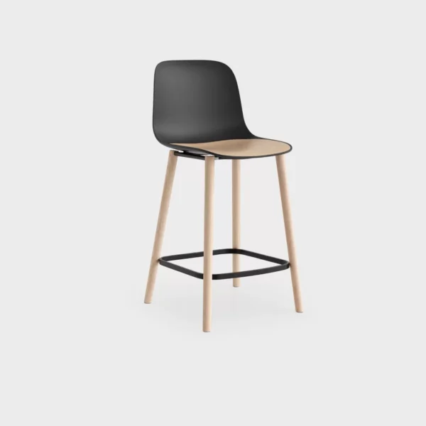 Seela S326 H65 counter stool by Lapalma with polypropylene shell, interchangeable wooden or upholstered seat insert, and solid wood legs in various finishes.