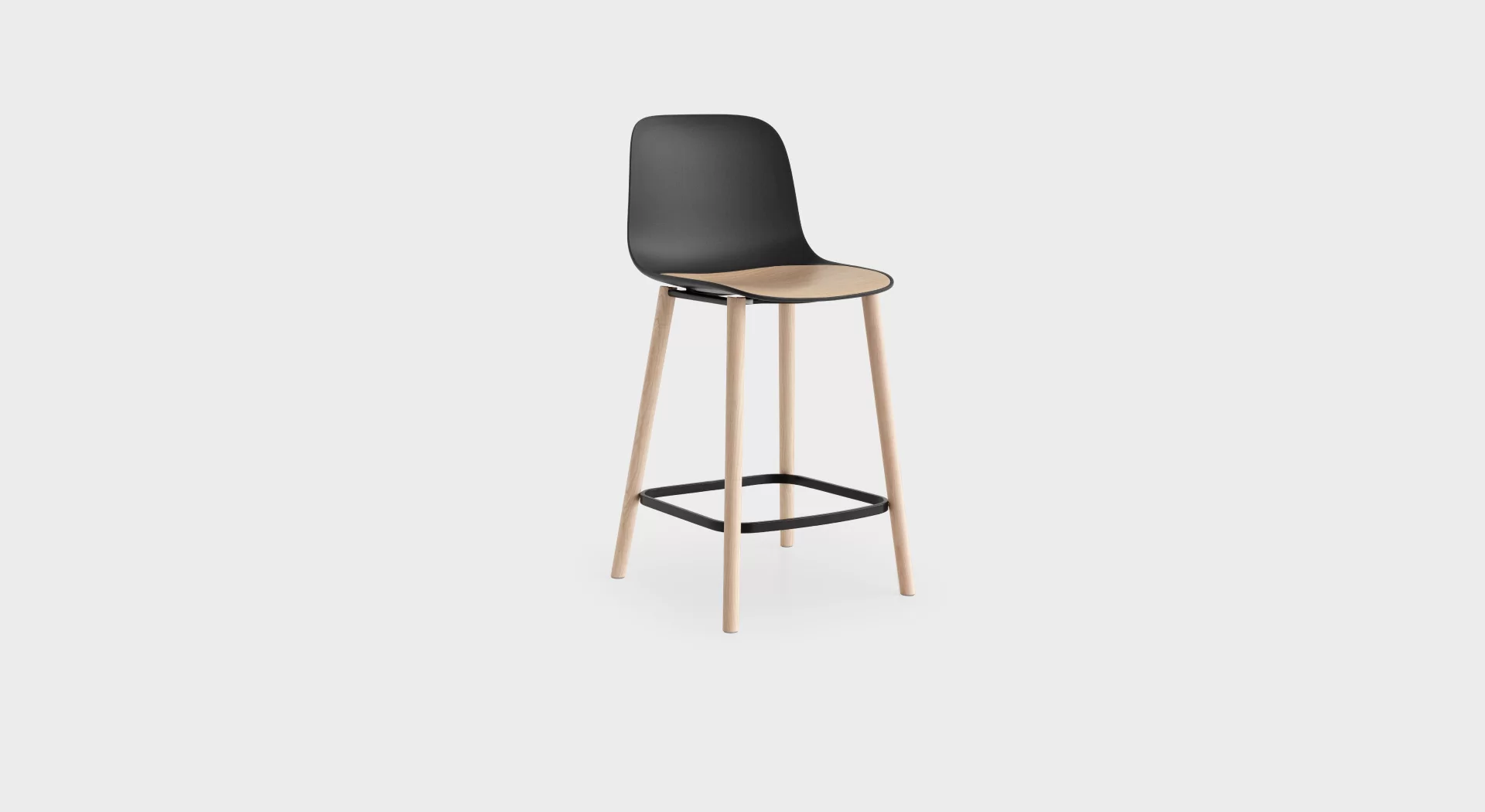 Seela S326 H65 counter stool by Lapalma with polypropylene shell, interchangeable wooden or upholstered seat insert, and solid wood legs in various finishes.