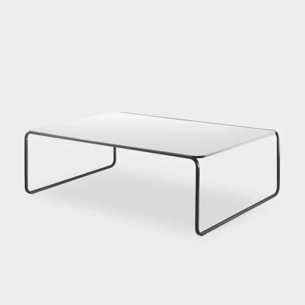 “Contemporary T56 rectangular coffee table by Lapalma in matte black metal and light oak top, ideal for living rooms.”