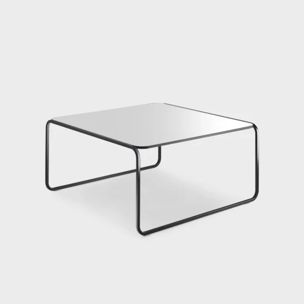 “Contemporary T57 70×70 H34 coffee table by Lapalma in matte black metal with a natural wood surface, ideal for lounge areas.”
