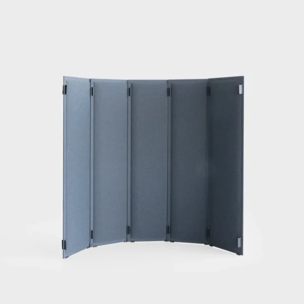 Lapalma WOD Fabric H140 modular space divider with fabric-covered panels, leather hinges, and wood inserts, designed by Raffaella Mangiarotti.