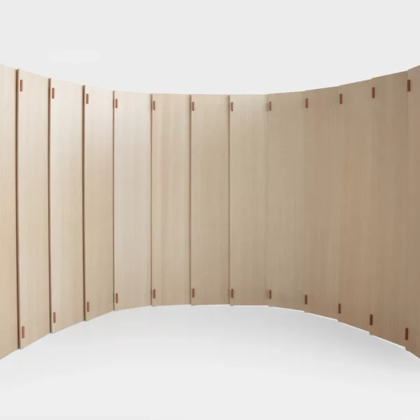 Lapalma WOD H180 modular wooden space divider with plywood panels, leather hinges, and wooden pins, designed by Raffaella Mangiarotti.