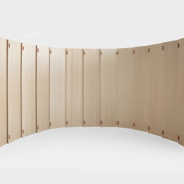 Lapalma WOD H140 modular wooden space divider with plywood panels, leather hinges, and wooden pins, designed by Raffaella Mangiarotti.
