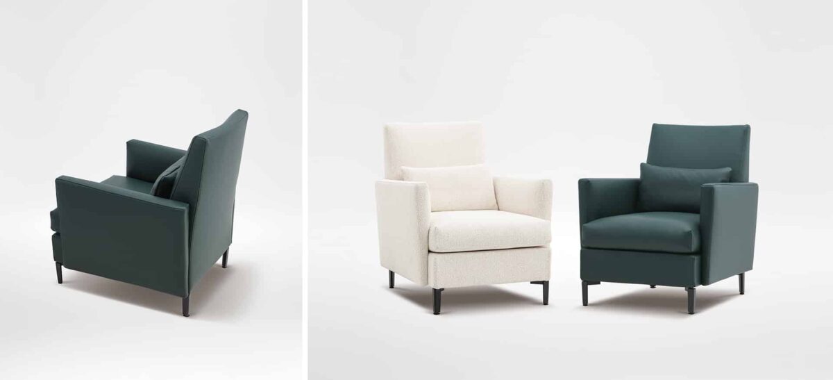 Modern Cozi seat in sleek dark upholstery, offering clean lines and supportive high armrests