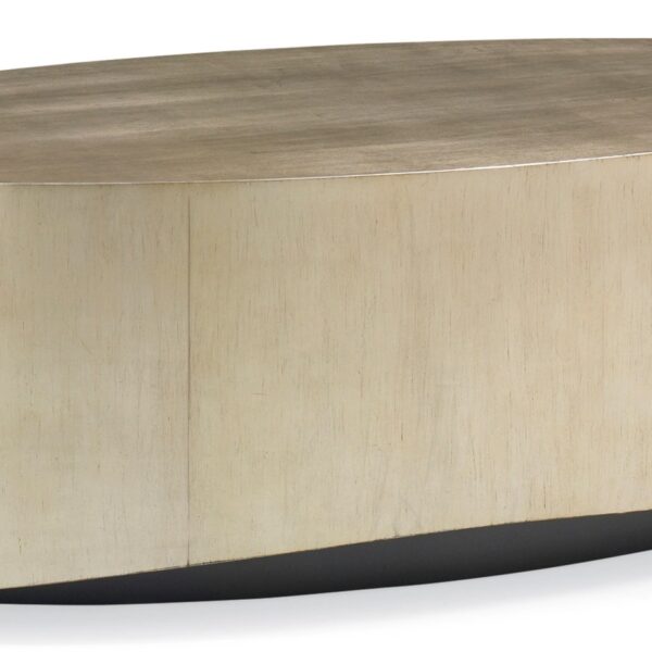 Come Oval Here by Caracole — an elegant oval cocktail table with a smooth stone top and sculptural wood base.