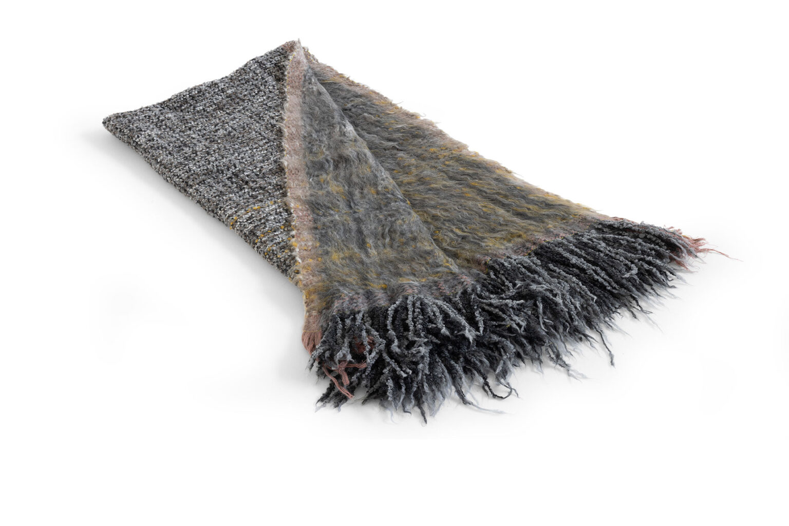 7Plaids Throw by Moroso rear angle emphasizing darning and embroidered effects in a Royal Oak Michigan display