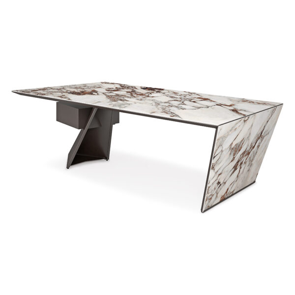 “NASDAQ Keramik by Cattelan Italia – executive desk with marble-effect ceramic top and sculptural wooden base”