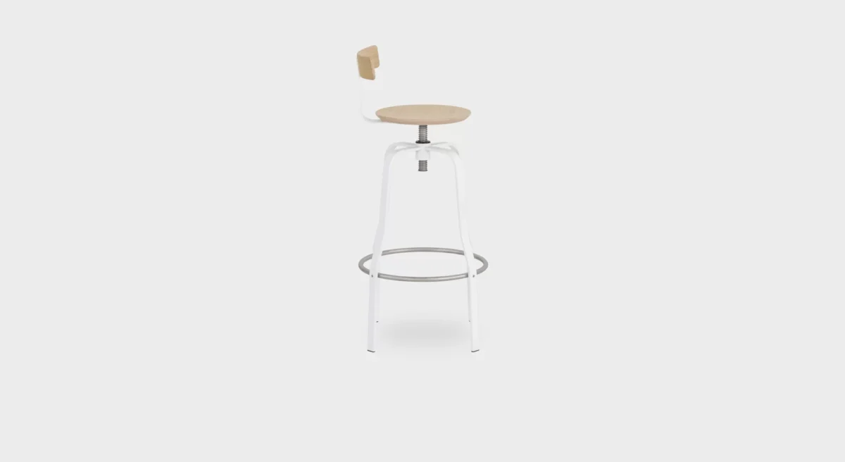 “Modern Giro S106 stool by Lapalma, showcasing a curved plywood seat available in various finishes, supported by a minimalist metal frame.”