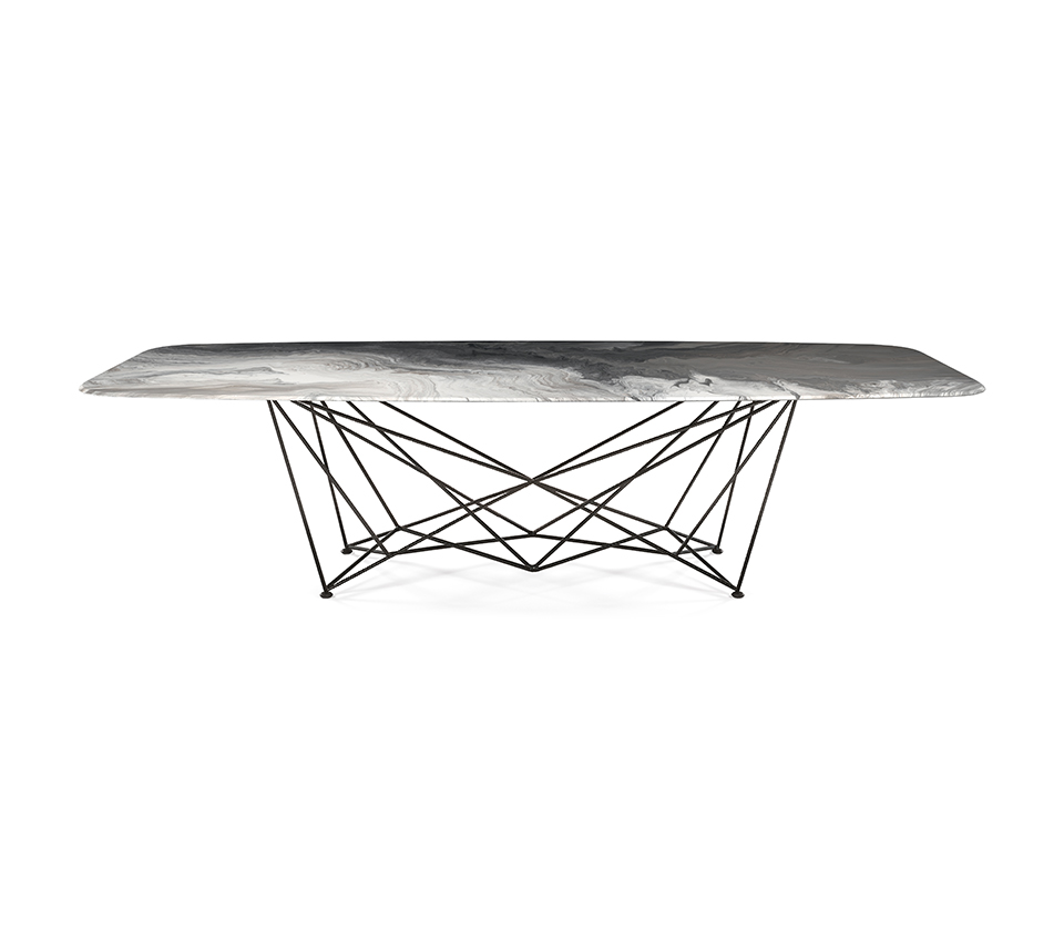 “GORDON Crystalart by Cattelan Italia – luxury dining table with artistic printed glass top and geometric metal base”