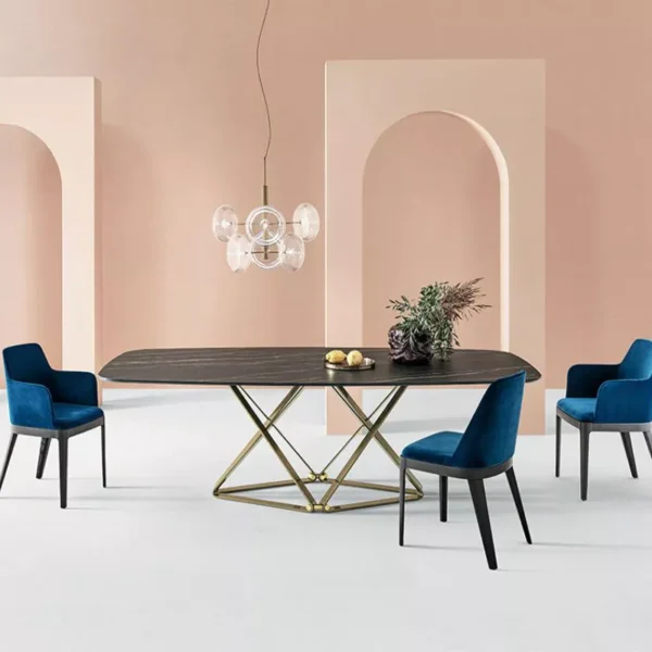 Contemporary interior showcasing Delta by Bontempi – rectangular glass top with intricate metal X‑frame.