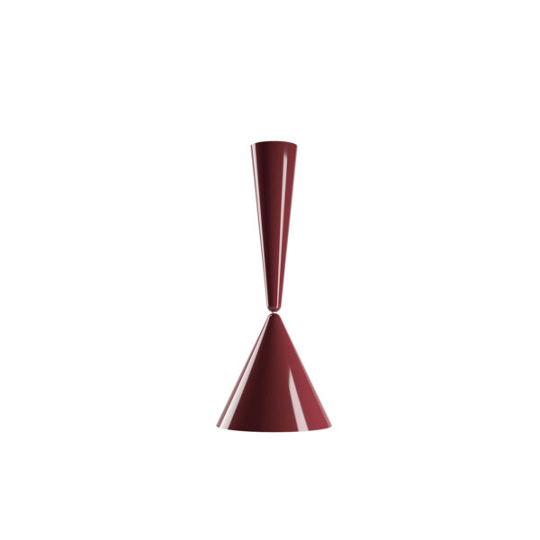 Diabolo by Flos, Diabolo pendant lamp in glossy cherry-red aluminum, with two inverted cone-shaped elements connected by a slim cable, hanging above a wood dining table.