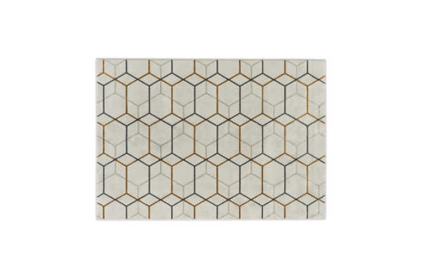 A contemporary Calligaris OFFSET rug, featuring an intricate hexagonal pattern of intersecting lines in [specify color combination, e.g., "beige/brick red/grey/brown"] that creates an elegant illusion of overlapping layers.