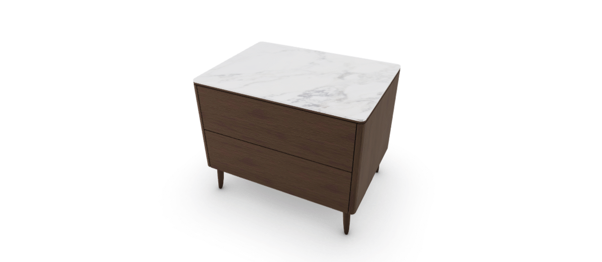 BOSTON bedside table by Calligaris with walnut veneer and white marble top, adding a luxurious touch to modern interiors in Royal Oak, Michigan.