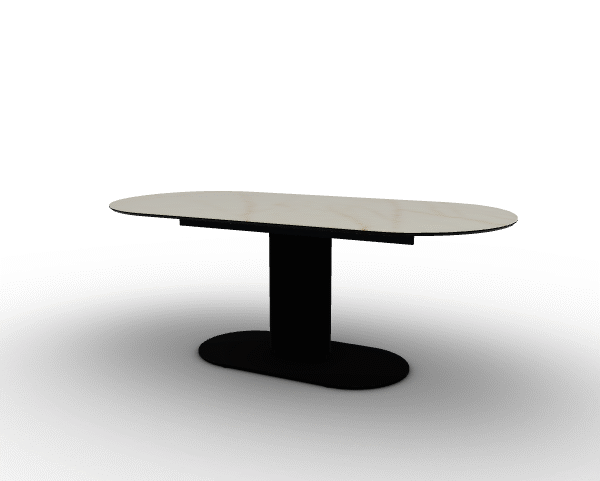 "CAMEO dining table by Calligaris with large oval white marble ceramic top and matte black pedestal base in a modern setting."