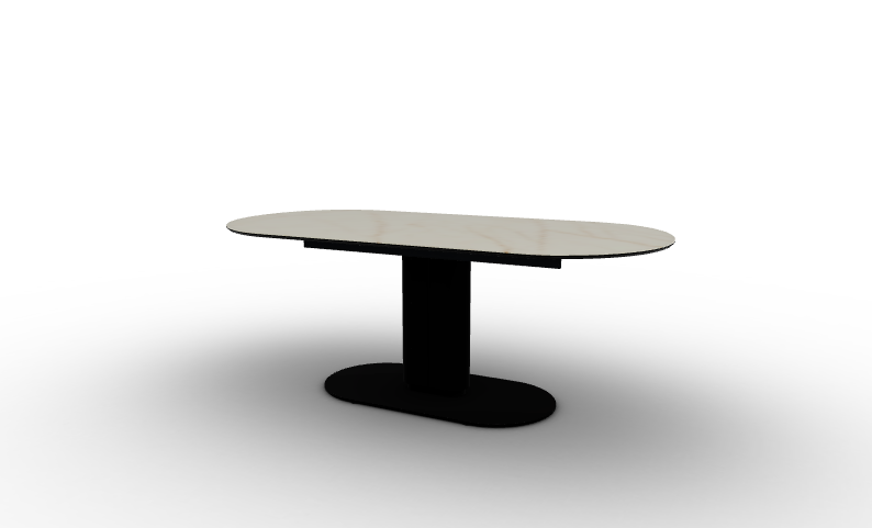 "CAMEO dining table by Calligaris with large oval white marble ceramic top and matte black pedestal base in a modern setting."