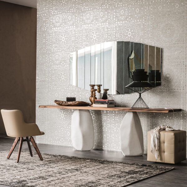 “RAPA NUI by Cattelan Italia – sculptural dining table with raw stone-inspired base and elegant wood top”