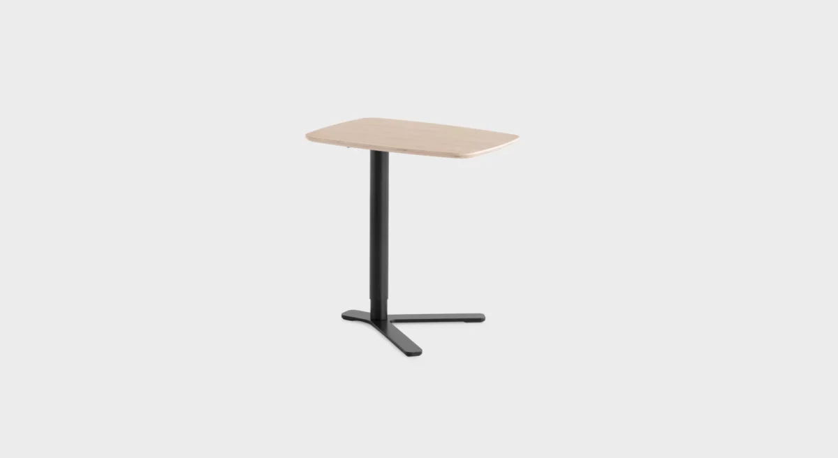 “Lapalma T80 E low rectangular table (55×40 cm, H 52 cm) with natural oak veneer top and slender powder-coated steel legs, ideal for lounge spaces.”
