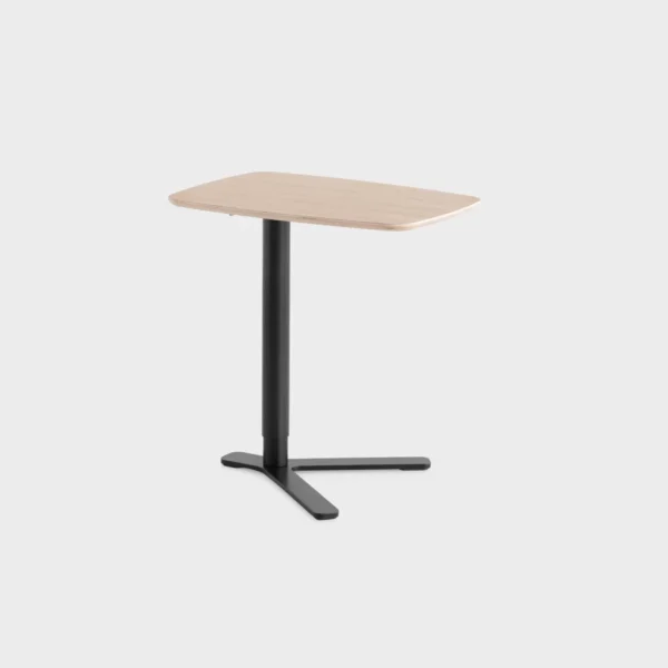 “Lapalma T80 E low rectangular table (55×40 cm, H 52 cm) with natural oak veneer top and slender powder-coated steel legs, ideal for lounge spaces.”