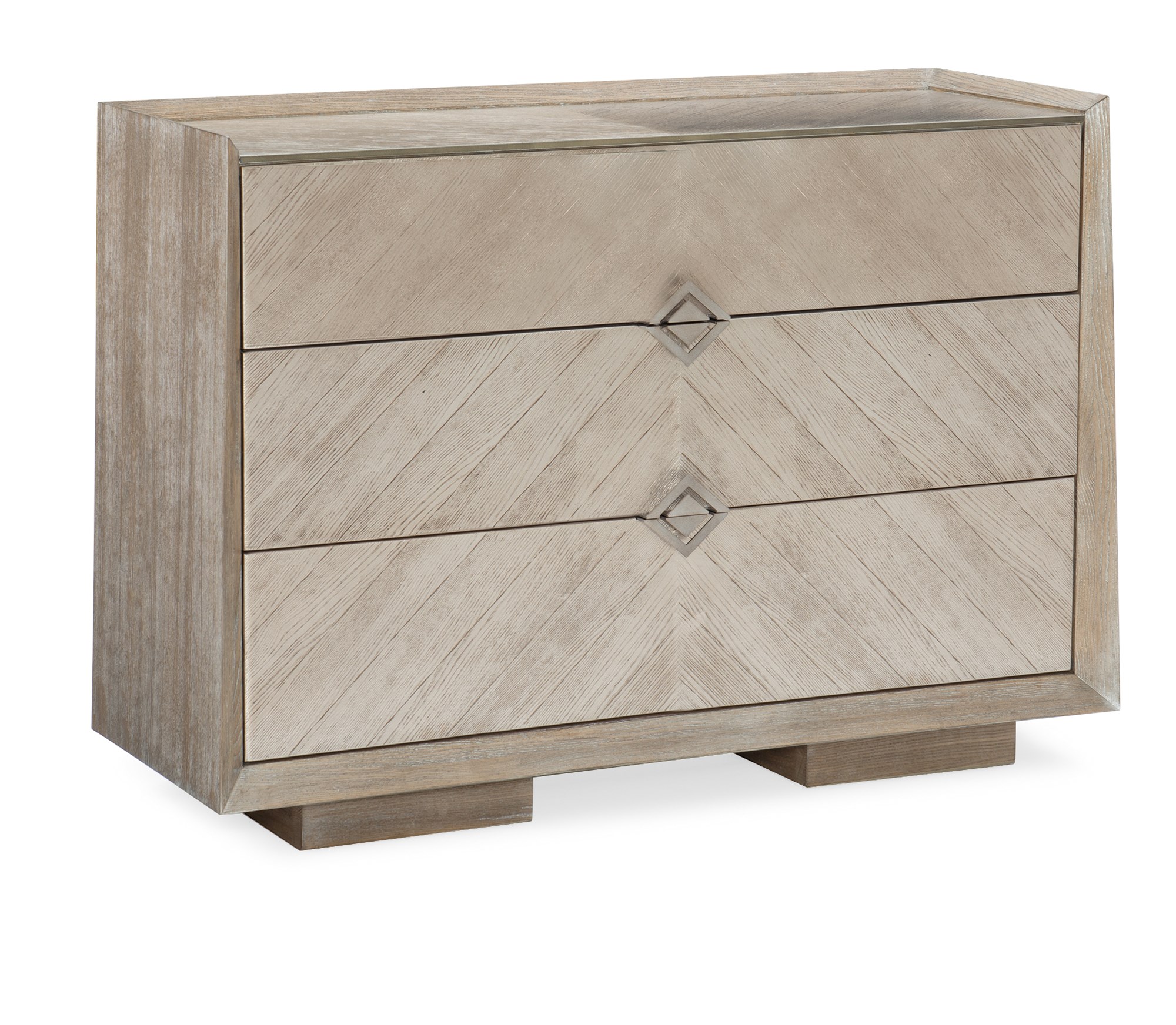 Caracole A NATURAL chest, featuring a striking chevron pattern created by meticulously matched wood grain veneers in varying driftwood tones.