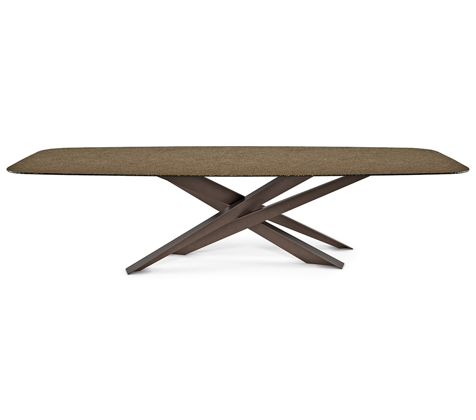 “Side view of LANCER Moonglass by Cattelan Italia – modern Italian table featuring glossy Moonglass surface and geometric legs”