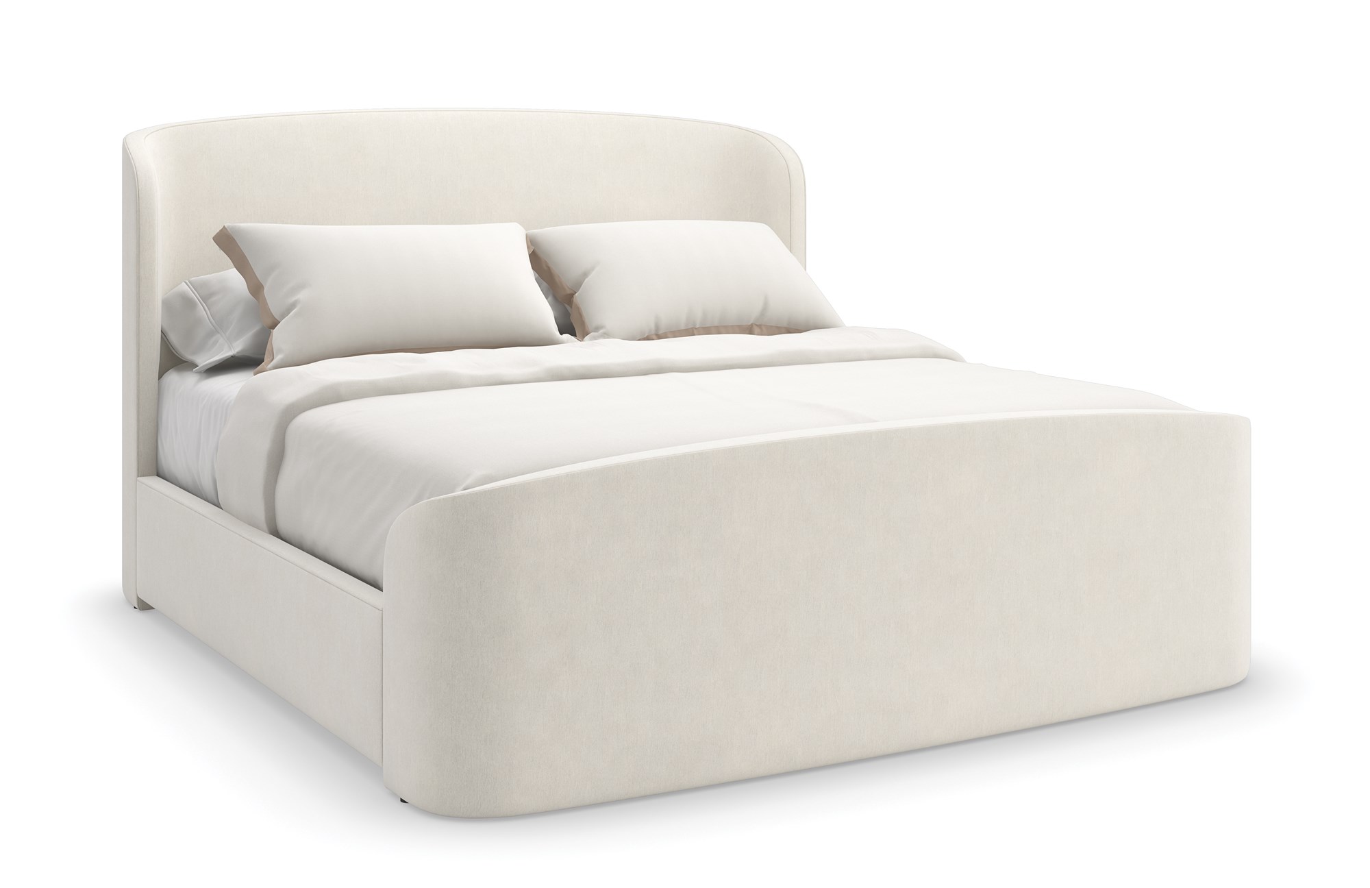 Caracole SOFT EMBRACE King Bed, featuring a tall, deeply tufted headboard that gently curves inward, creating a cocoon-like and inviting feel.