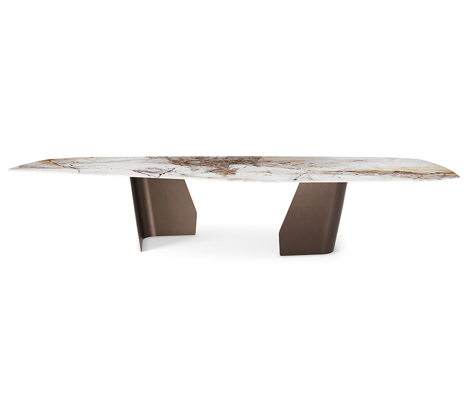 “SENATOR by Cattelan Italia – sculptural glass dining table with statement steel base and Italian contemporary design”