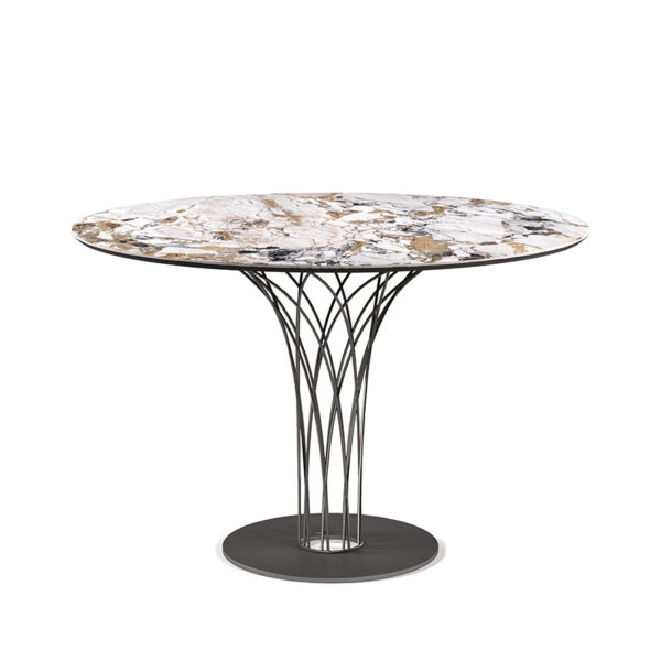 “Side view of NIDO Keramik Bistrot by Cattelan Italia – designer bistro table featuring elegant ceramic finish and artistic metal pedestal”