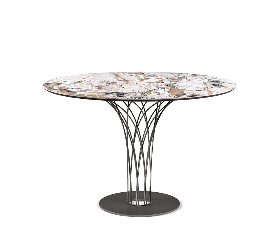“Side view of NIDO Keramik Bistrot by Cattelan Italia – designer bistro table featuring elegant ceramic finish and artistic metal pedestal”