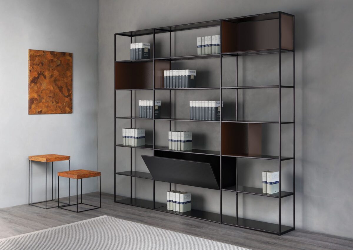 Minimalist steel shelf unit with integrated storage boxes by Zeusnoto.