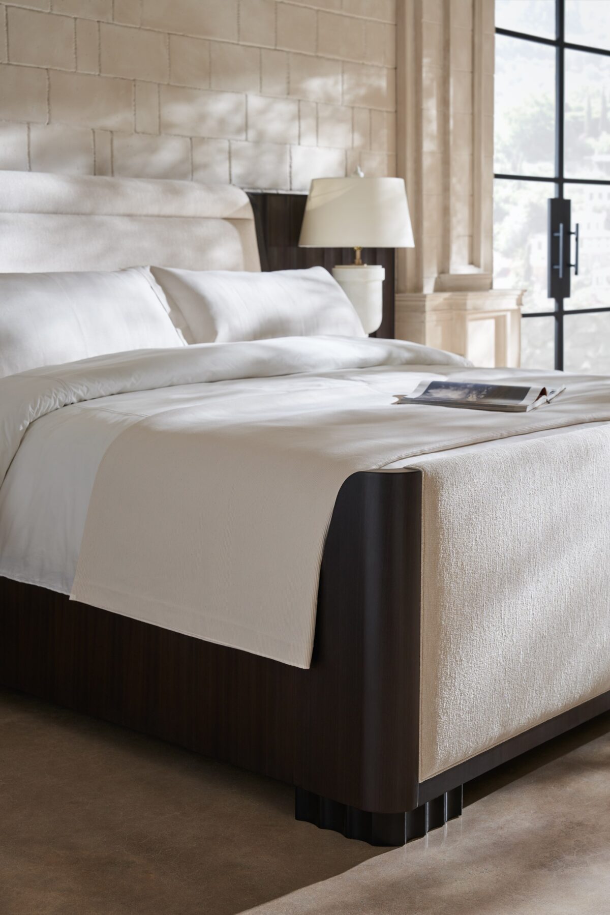 Caracole SLOW WAVE Qn/kg Bed Wing Panels, featuring a uniquely shaped headboard with elegant curves and integrated side panels that wrap around the mattress.