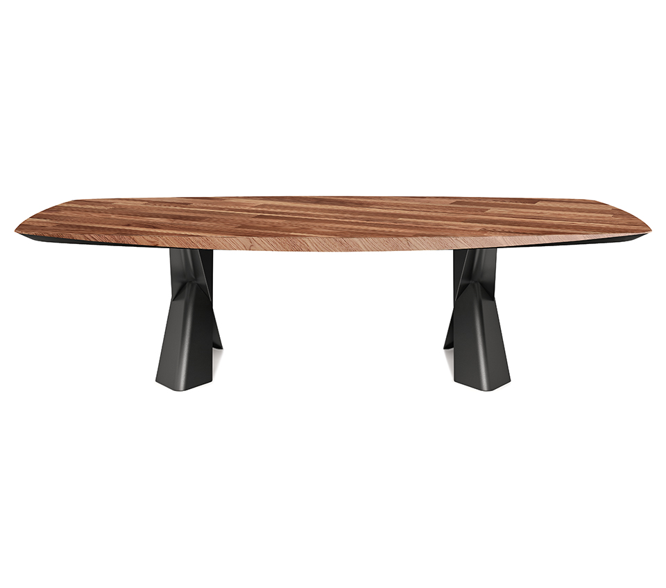 “Side view of MAD MAX Wood by Cattelan Italia – designer table featuring a handcrafted wood surface and sculptural industrial legs”