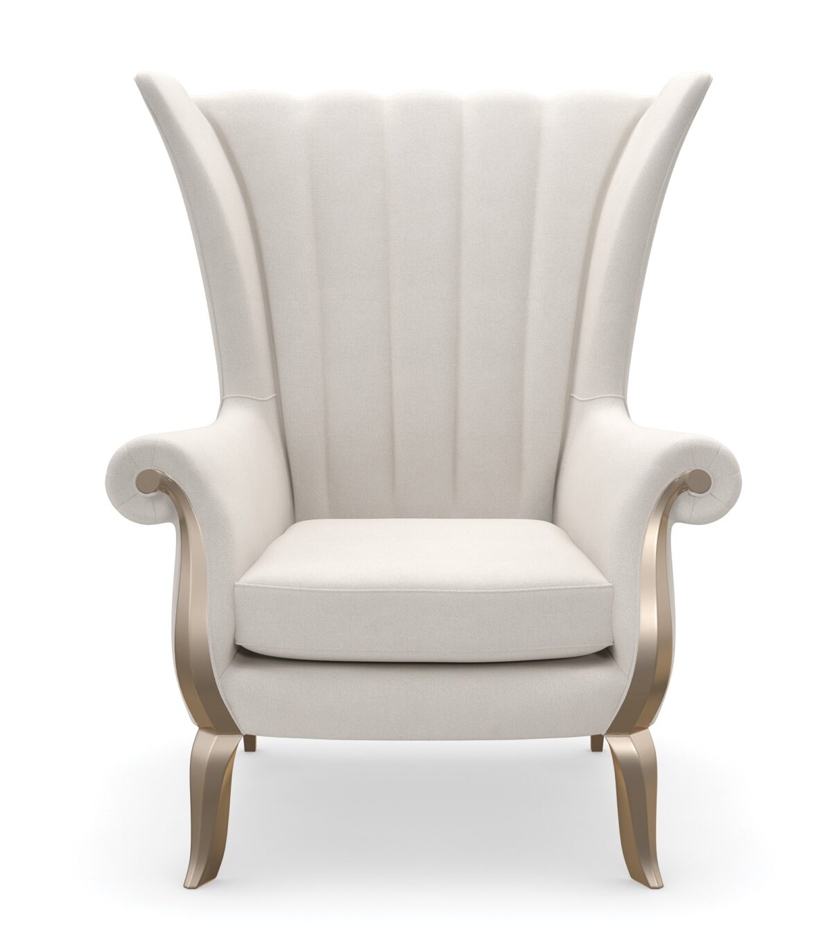 The Caracole Valentina Accent Chair, a sophisticated wing chair with a tall channel-tufted back, wood-trimmed roll arms, upholstered in a light cream pin-dot fabric, and featuring exposed wood details in a Golden Shimmer finish.