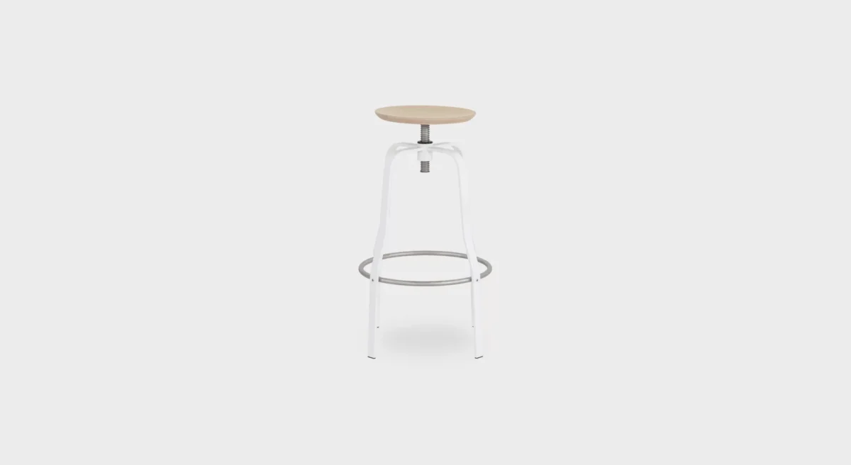 “S106 stool by Lapalma with sleek metal base and wood seat, available in 66 or 76 cm height options.”