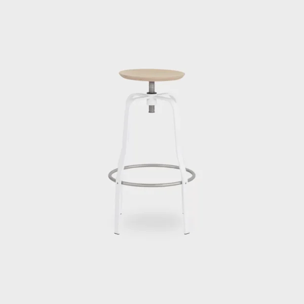 “S106 stool by Lapalma with sleek metal base and wood seat, available in 66 or 76 cm height options.”